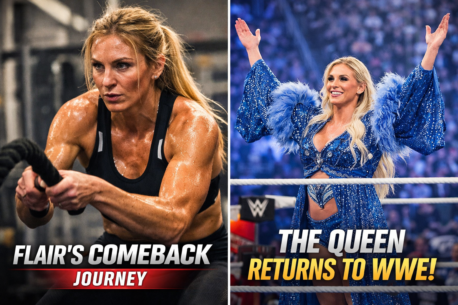 Charlotte Flair training intensely in the gym on the left, showcasing her dedication and strength, paired with her grand return to WWE in a dazzling blue feathered robe, symbolizing her triumphant comeback.