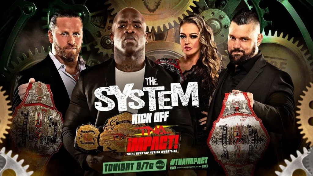 A promotional graphic for TNA IMPACT wrestling. Text announces "THE SYSTEM NICK OFF" above the large IMPACT! logo and the tagline "TOTAL MONSTER ACTION WRESTLING." It includes the air time "TONIGHT 8/7C" and social media handles @IMPACTWRESTLING and @AXSTV.