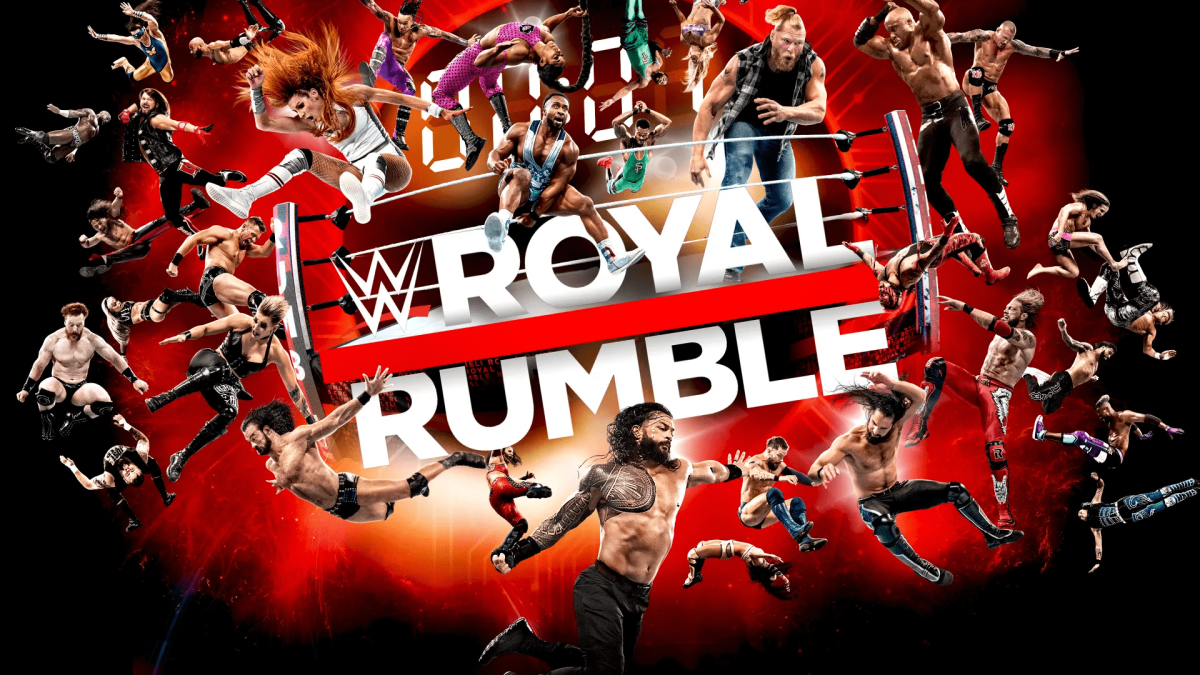 A high-energy promotional poster for the WWE Royal Rumble 2022 event, featuring numerous WWE Superstars in action poses around a wrestling ring and the event logo.