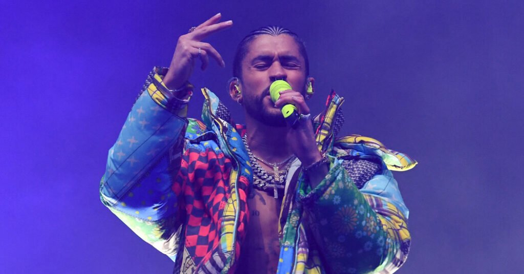 Bad Bunny performing at the Super Bowl halftime show with speculation rising about his WWE return.