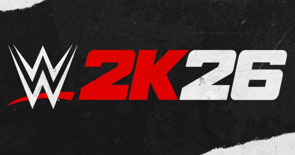 The official logo for the "WWE 2K26" video game, featuring the white WWE logo on the left and red and white stylized text against a black background.