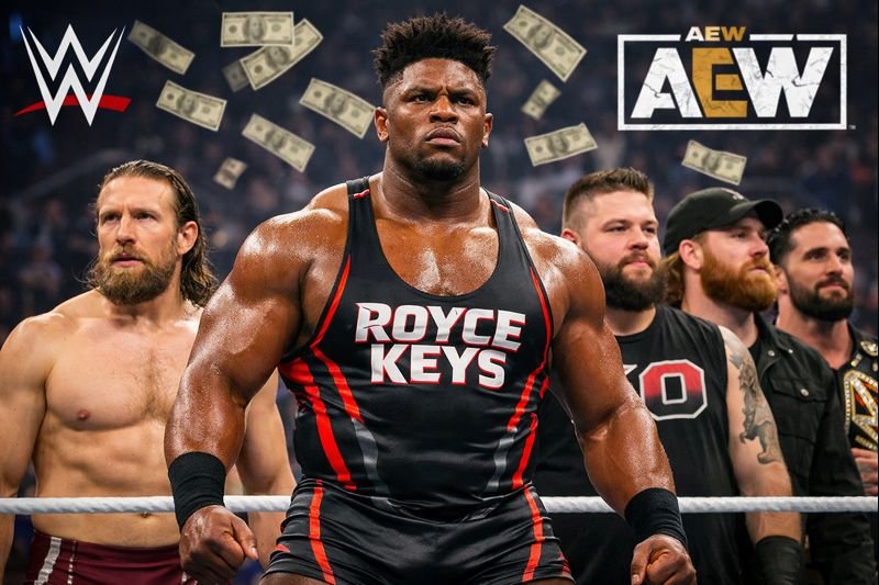 Royce Keys (Powerhouse Hobbs) standing in the WWE ring with Bryan Danielson, Kevin Owens, Sami Zayn, and Seth Rollins, with floating dollar bills and AEW/WWE logos above.