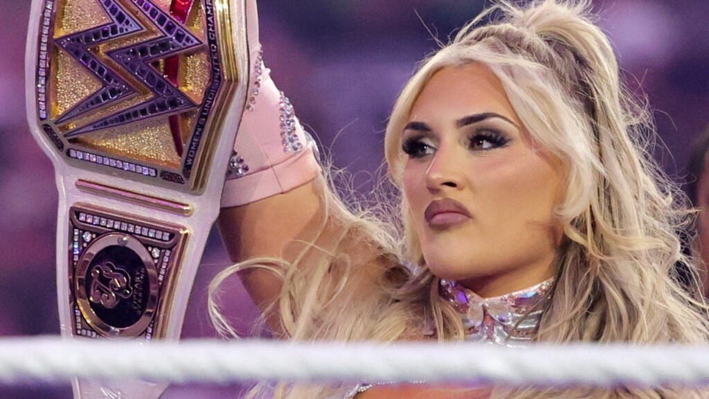 Jade Cargill holding the WWE Women’s Championship with potential WrestleMania 42 challengers in the background.