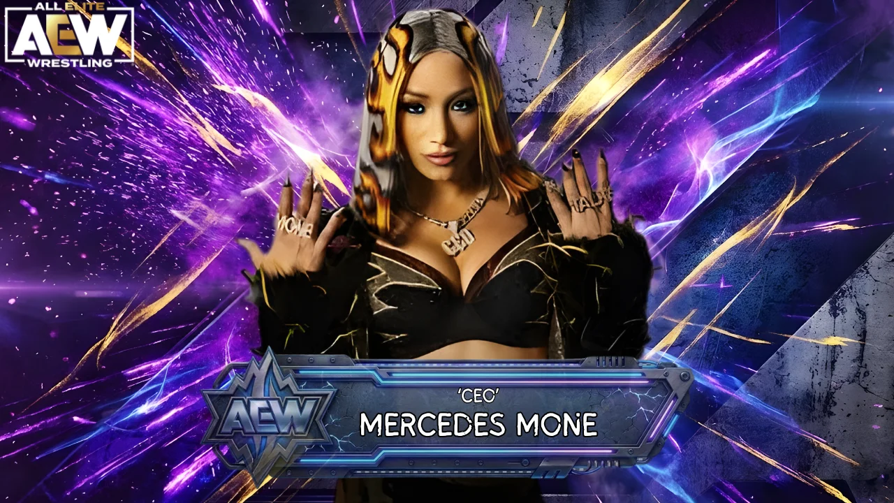Professional wrestler Mercedes Moné in her signature 'CEO' attire, which includes a black and gold top with a fur collar and matching jewelry, posing against a purple, electrically charged background.