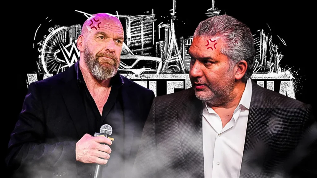 Promotion reportedly unhappy with wrestlemania 42 ticket sales - tjr wrestling Triple h and nick khan appear in a promotional graphic discussing concerns around wrestlemania 42 ticket sales, with a wwe-themed las vegas backdrop.