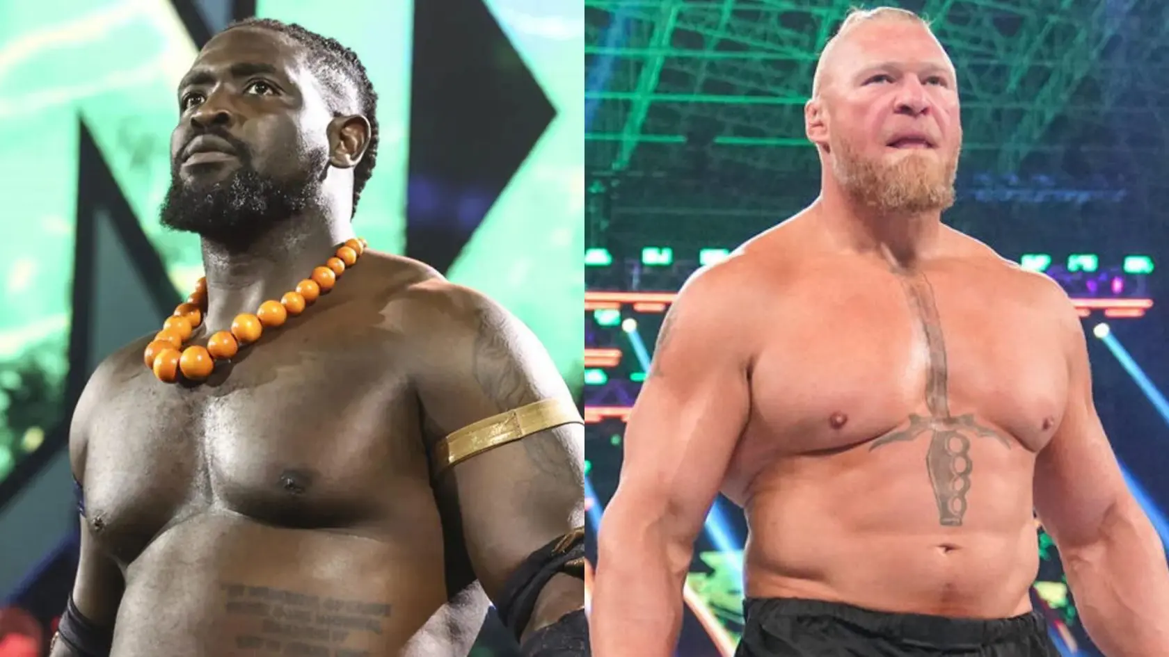 A side-by-side composite image featuring professional wrestlers Oba Femi (left) and Brock Lesnar (right). Oba Femi is shown from the chest up with a focused gaze, wearing a thick orange beaded necklace and a gold armband. Brock Lesnar is shown shirtless in a ring setting, displaying his signature sword chest tattoo and a short, blonde beard.