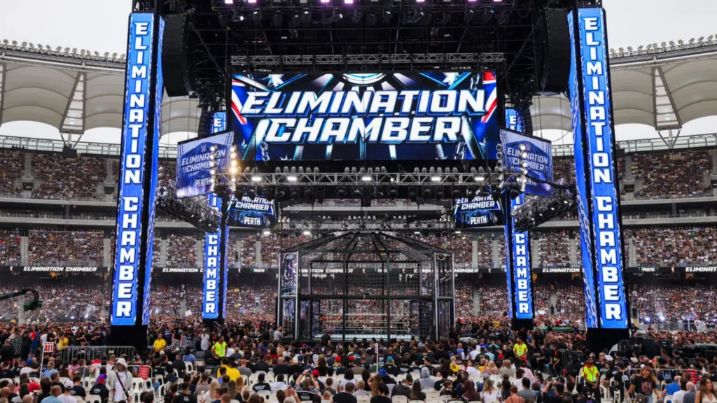 WWE Elimination Chamber structure set inside a packed stadium during the premium live event.