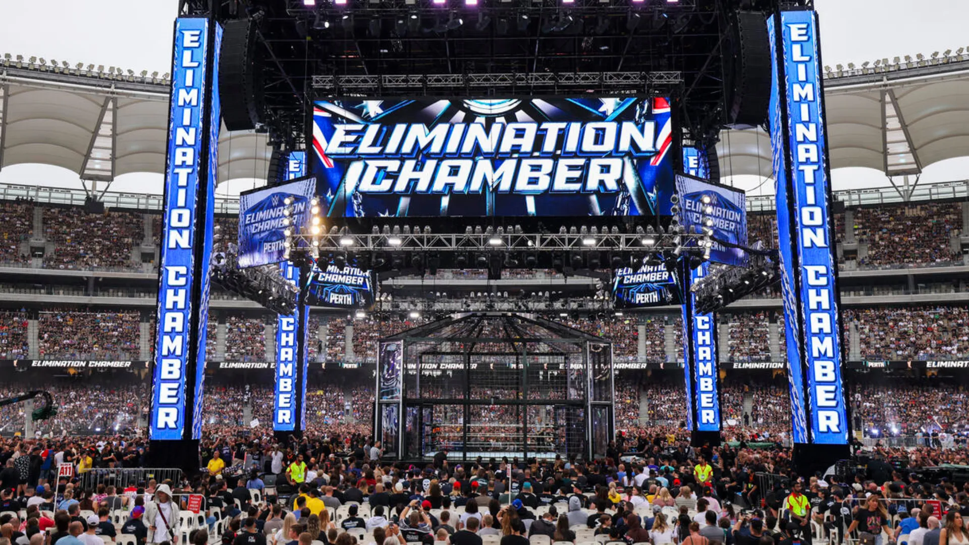 WWE Elimination Chamber structure set inside a packed stadium during the premium live event.