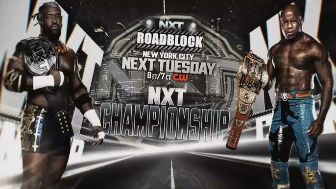 Promotional graphic for the NXT Roadblock 2025 wrestling event, featuring Oba Femi on the left and Moose on the right, promoting an NXT Championship match.