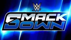 The modern blue and silver WWE SmackDown logo set against a vibrant blue background with light streaks.