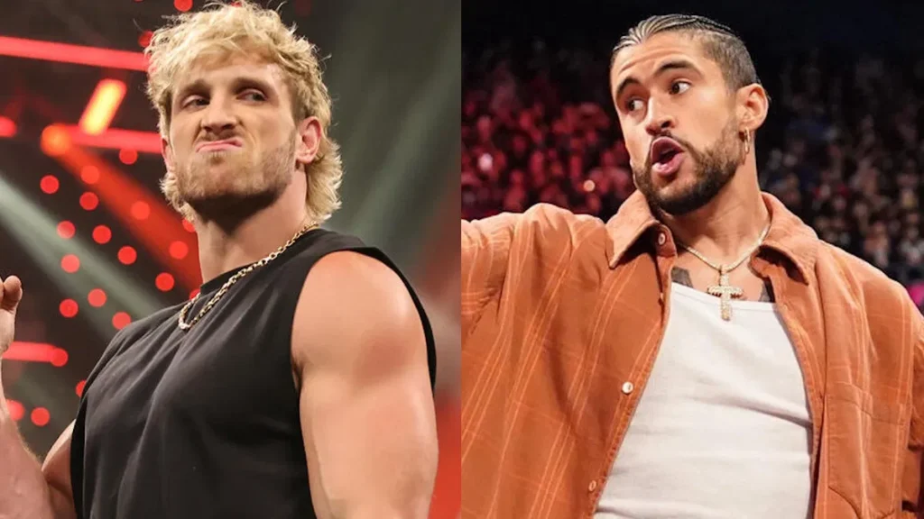 Split image showing WWE star Logan Paul on the left and global music artist Bad Bunny on the right.