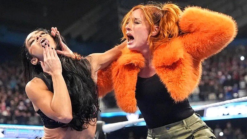 AJ Lee pulling Becky Lynch’s hair in a wrestling ring while Becky shouts in surprise.