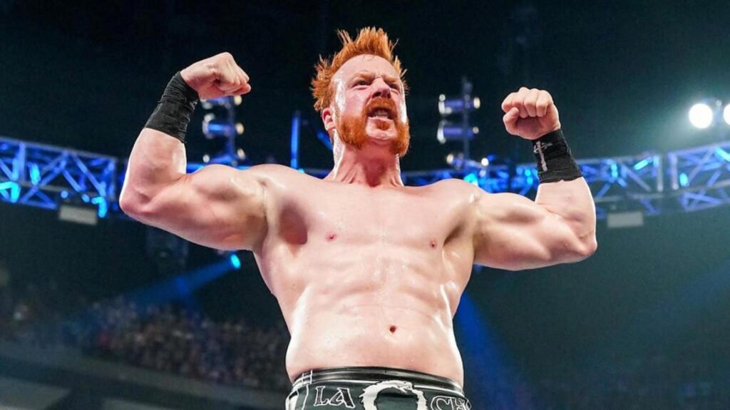 A medium-shot photo of wwe wrestler sheamus in the ring, flexing both arms with his fists clenched. He has bright red hair and a matching thick beard, an intense facial expression with mouth open, and is bare-chested wearing black wrestling trunks with white lettering. The background shows blurred arena lights and a metal truss structure.