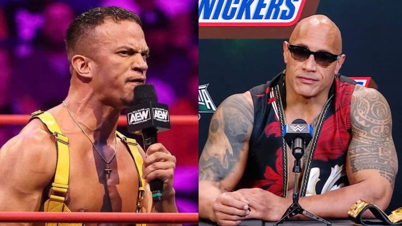 Ricky starks speaks into a microphone during a wrestling segment, shown alongside dwayne johnson at a press event wearing sunglasses. - tjr wrestling