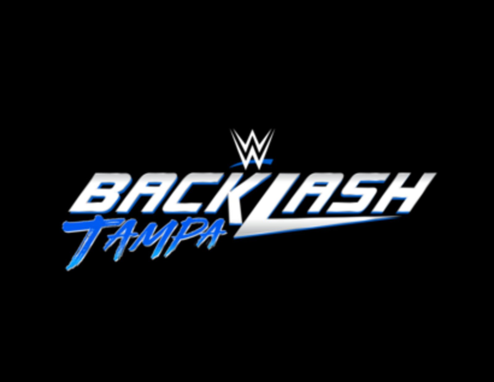 The official logo for the wwe event "backlash tampa" against a solid black background. The word "backlash" is written in large, bold, slanted white letters with a blue underline that sweeps from left to right. Above the text sits the iconic silver and black wwe scratch logo. Beneath "backlash," the word "tampa" is written in a stylized, hand-drawn blue script. - tjr wrestling