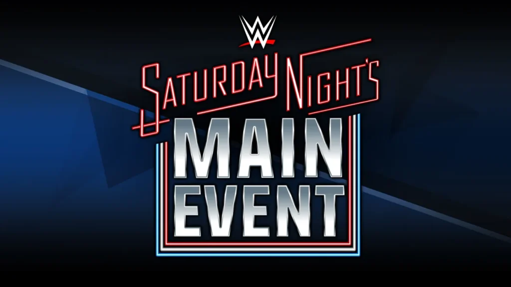 Official wwe saturday night’s main event logo with bold red and silver lettering on a dark blue background. - tjr wrestling