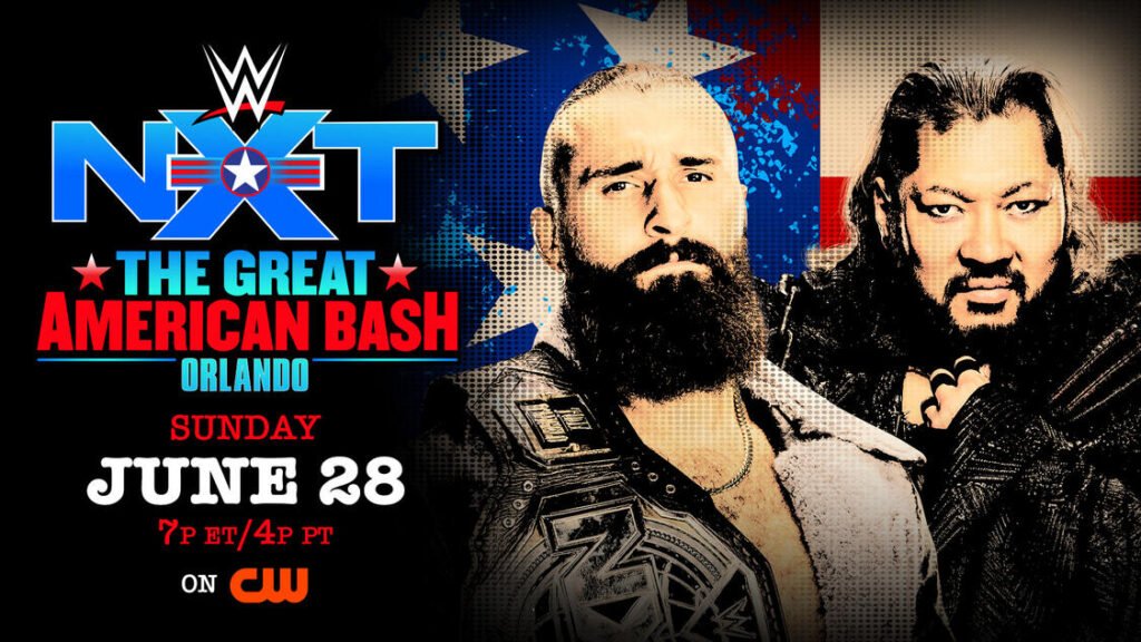 Promotional graphic for wwe nxt the great american bash in orlando, featuring two wrestlers posed against a red, white, and blue american flag background, with event details listing sunday, june 28 at 7pm et/4pm pt on the cw. - tjr wrestling