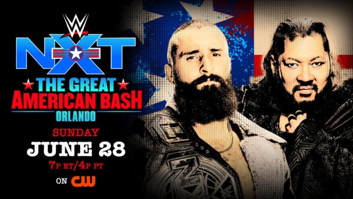 Promotional graphic for WWE NXT The Great American Bash in Orlando, featuring two wrestlers posed against a red, white, and blue American flag background, with event details listing Sunday, June 28 at 7PM ET/4PM PT on The CW.