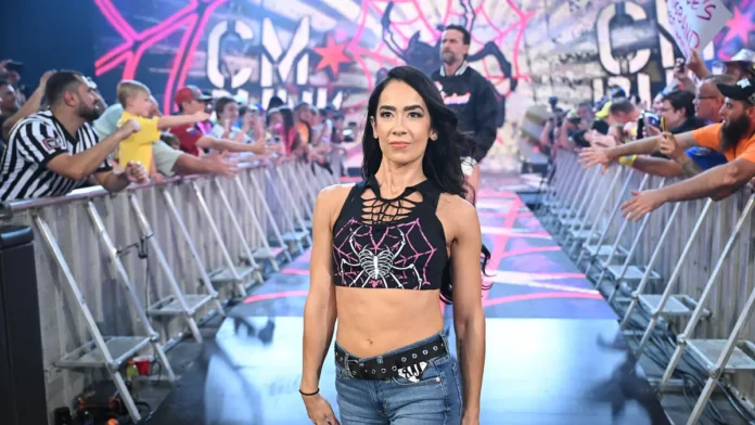 AJ Lee walks down the WWE entrance ramp during her return appearance while fans cheer from both sides of the arena.