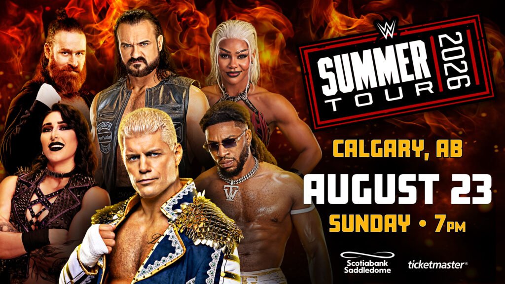 Wwe summer tour 2026 calgary alberta event poster showing cody rhodes and other wwe superstars with august 23 sunday 7pm date at scotiabank saddledome