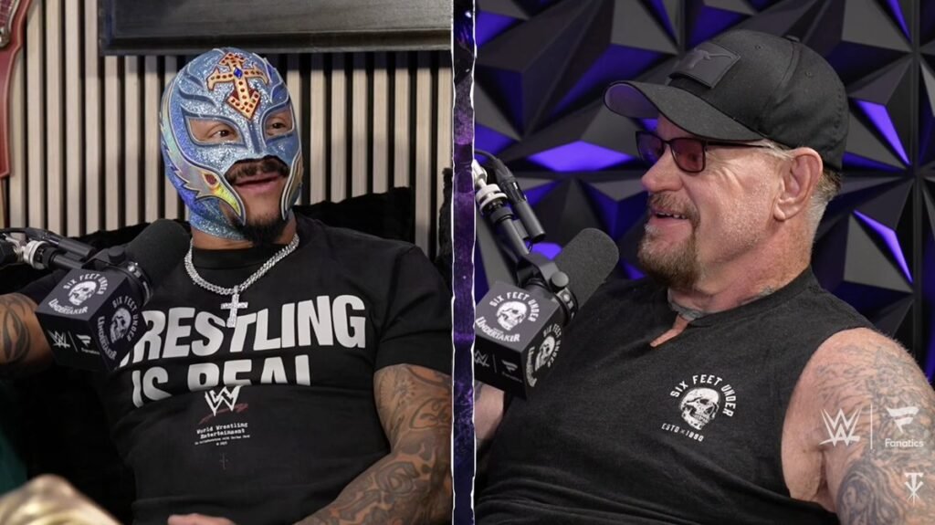 Rey mysterio and the undertaker sit together during an episode of the six feet under podcast while discussing wrestling and recent industry topics. - tjr wrestling