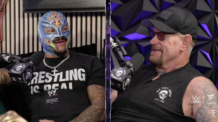 Rey Mysterio and The Undertaker sit together during an episode of the Six Feet Under podcast while discussing wrestling and recent industry topics.