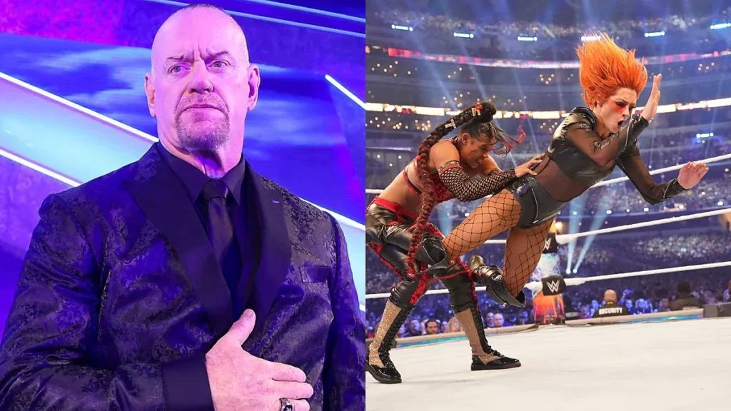 A split image showing a large bald man in a dark patterned suit on the left, and two female professional wrestlers competing in a wwe ring in front of a packed stadium crowd on the right, with one wrestler throwing the other during an intense match. - tjr wrestling