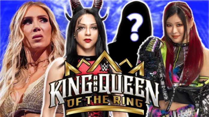 WWE promotional graphic featuring Charlotte Flair on the left, Stephanie Vaquer in the center wearing devil horns, a mystery silhouette with a question mark, and IYO SKY on the right, all set against a blue background with the WWE King and Queen of the Ring logo in gold and red.