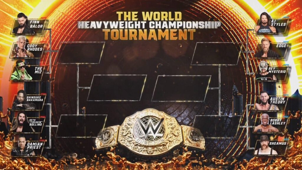 A wwe tournament bracket graphic for the world heavyweight championship featuring eight competitors on each side. Left side includes finn bálor, cody rhodes, the miz, shinsuke nakamura, seth "freakin" rollins, and damian priest. Right side includes aj styles, edge, rey mysterio, austin theory, bobby lashley, and sheamus. The wwe championship belt is displayed prominently in the center against a fiery golden background. - tjr wrestling