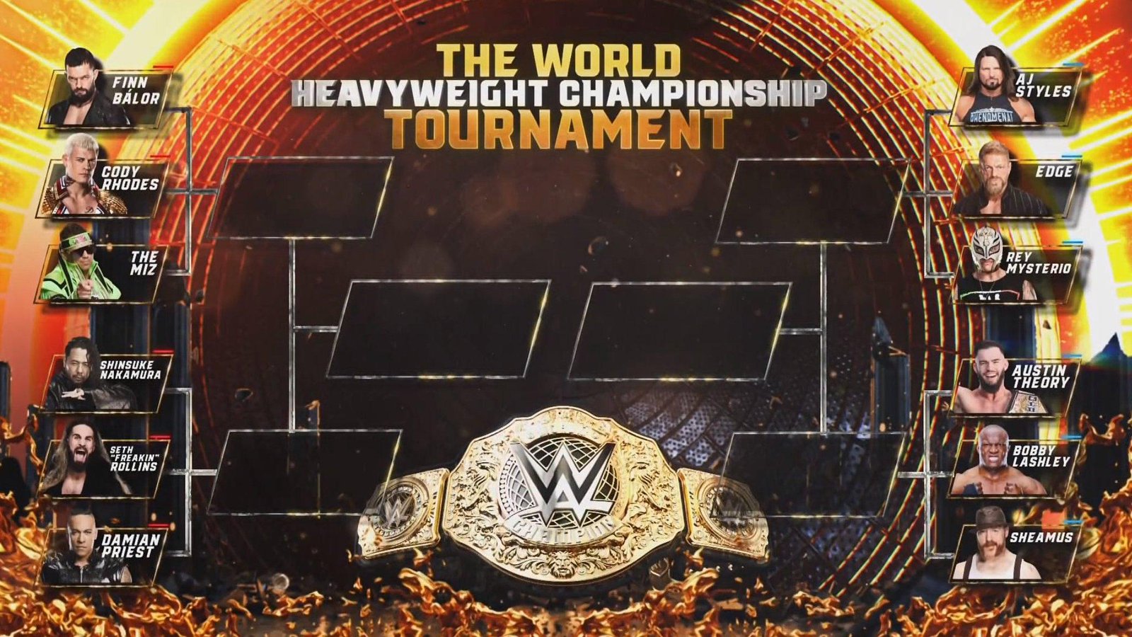 A wwe tournament bracket graphic for the world heavyweight championship featuring eight competitors on each side. Left side includes finn bálor, cody rhodes, the miz, shinsuke nakamura, seth "freakin" rollins, and damian priest. Right side includes aj styles, edge, rey mysterio, austin theory, bobby lashley, and sheamus. The wwe championship belt is displayed prominently in the center against a fiery golden background. - tjr wrestling