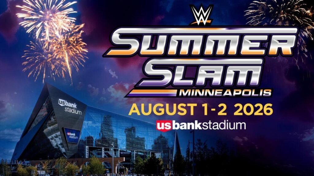 Wwe summerslam 2026 promotional poster featuring the u. S. Bank stadium in minneapolis with fireworks lighting the night sky, displaying the event dates august 1–2, 2026. - tjr wrestling