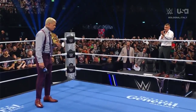Cody rhodes, sami zayn, and gunther confront each other in the ring during a heated wwe smackdown segment in bologna, italy. - tjr wrestling