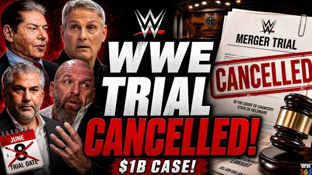 A dramatic wwe news thumbnail showing four wrestling industry figures with serious expressions, alongside bold text reading "wwe trial cancelled" and "$1b case," with graphic elements including a stamped "cancelled" court document, a judge's gavel, and a crossed-out june 8 trial date calendar. - tjr wrestling