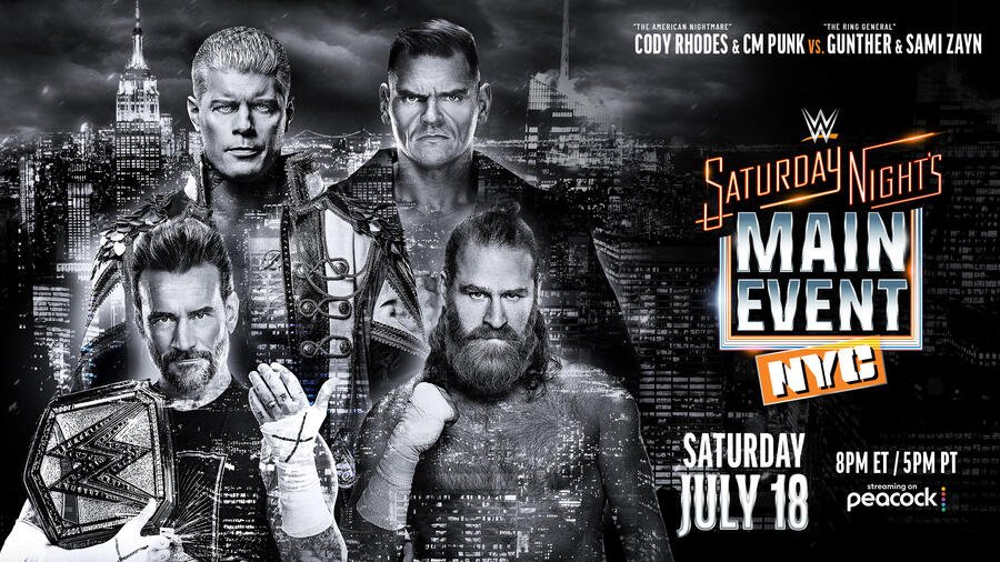 Cm punk, cody rhodes, gunther, and sami zayn featured on the official wwe saturday night's Main Event poster.