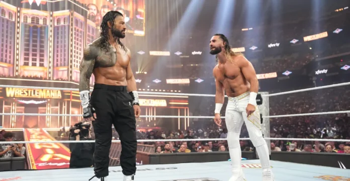 Roman Reigns and Seth Rollins confront each other in the ring during a heated WWE segment ahead of their SummerSlam match.