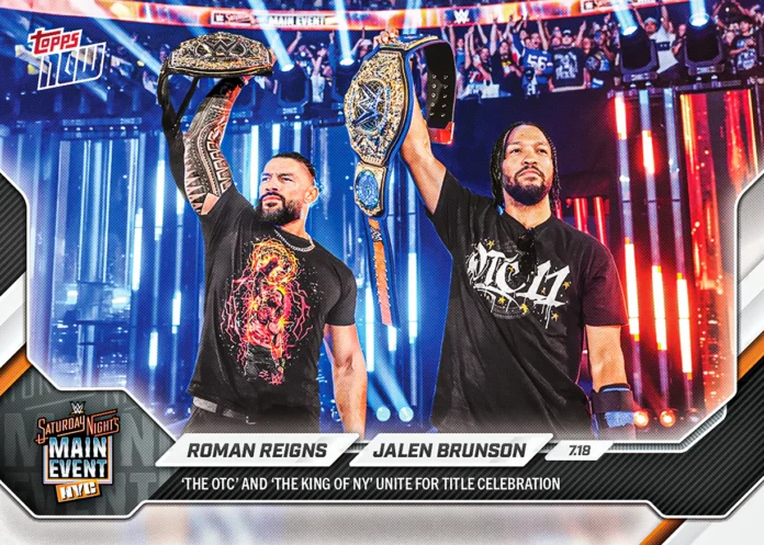 Jalen Brunson and Roman Reigns pose together with WWE championship titles on a rare dual-autographed Topps trading card.