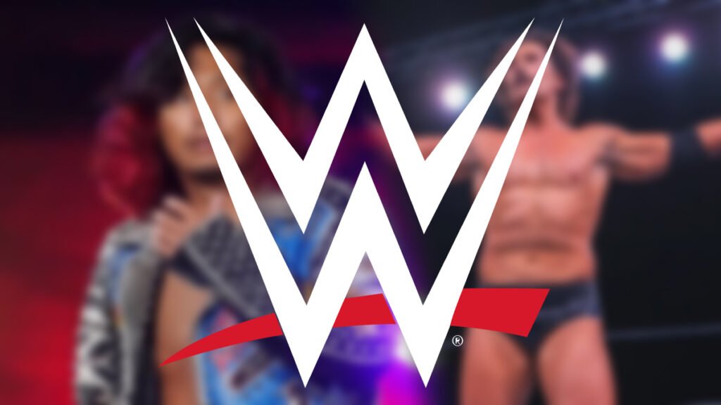 Wwe logo highlights new wrestling developments - tjr wrestling Wwe logo displayed over blurred images of two wrestlers in the background